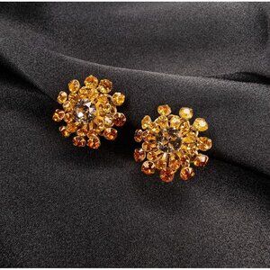 Vintage 1930s-1940s MIRIAM HASKELL Signed Clip-On Earrings Gold Amber Rhinestone